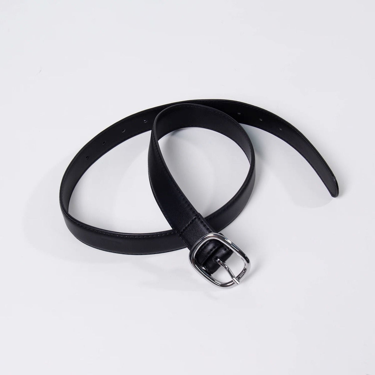 Silver Square Buckle Matte Thin Leather Belt Double Stitch Unisex Belt