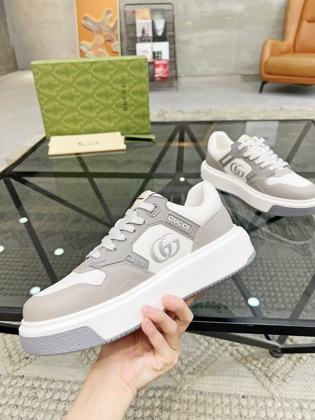 Gucci White and Light Gray Low-Top Sneakers